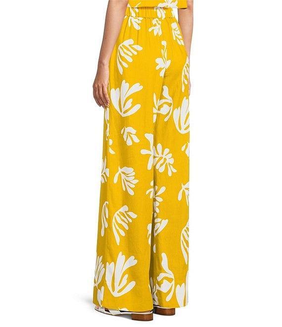 Marella Antiope Linen Blend Summer Leaf Print Elastic Back Wide Leg Pull-On Coordinating Pants Product Image