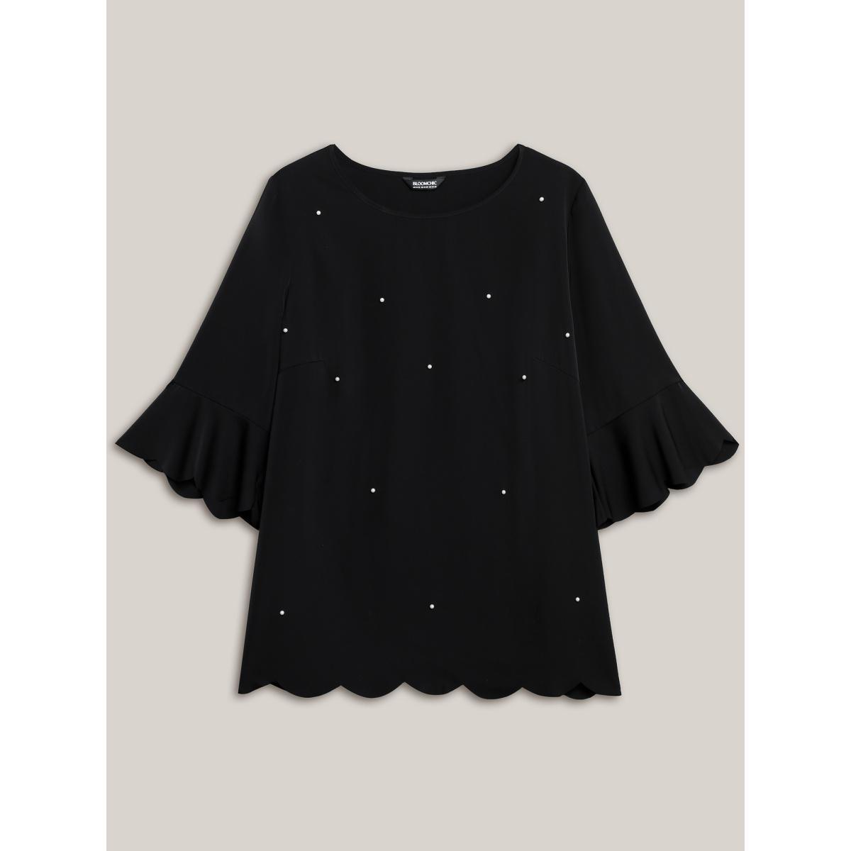 Plus Size Black Beads Embellished Scalloped Hem Shirt Women Elegant Elbow-length sleeve Round Neck Everyday Blouses BloomChic 10/M Product Image