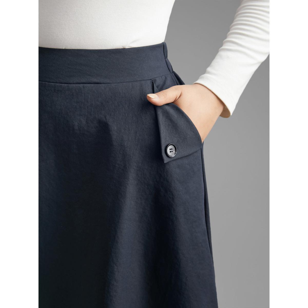 Plus Size Solid Buckle Detail Pocket Skirt Women Indigo Elegant Button Low stretch Slanted pocket Everyday Skirts BloomChic 10/M Product Image
