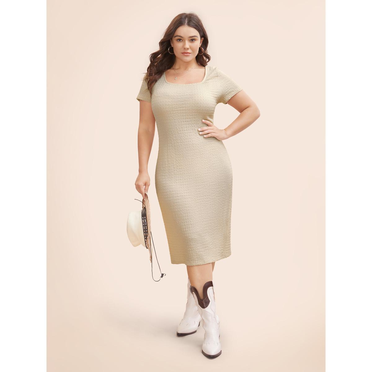 Plus Size U Neck Textured Split Hem Dress Apricot Women Resort Texture U-neck Short sleeve Curvy BloomChic 10/M Product Image