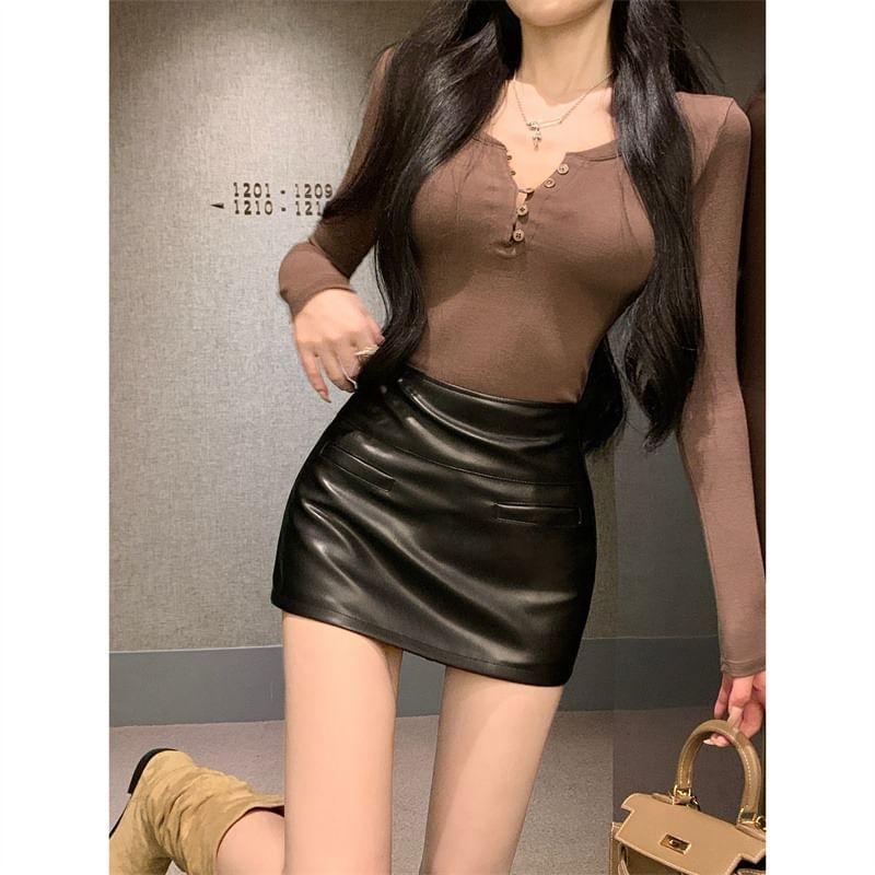 High Rise Plain Faux Leather Mini Pencil Skirt Product Image