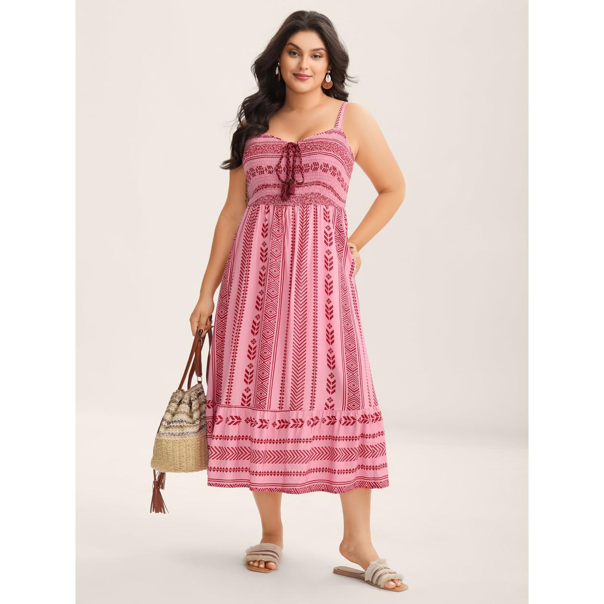Plus Size Boho Stripes Shirred Tassel Midi Dress Rosered Women Square Neck Sleeveless Curvy BloomChic 14-16/1X Product Image