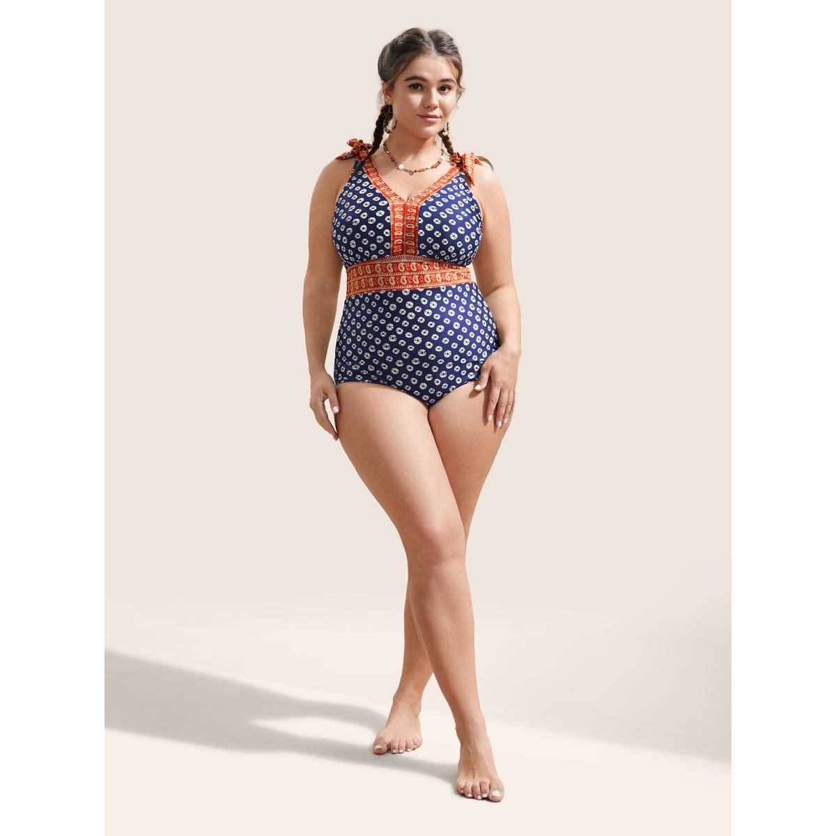 Plus Size Bandana Print Two Tone Knotted One Piece Swimsuit Women's Swimwear Indigo Beach Non Curve Bathing Suits No stretch One Pieces BloomChic 14-16/1X Product Image