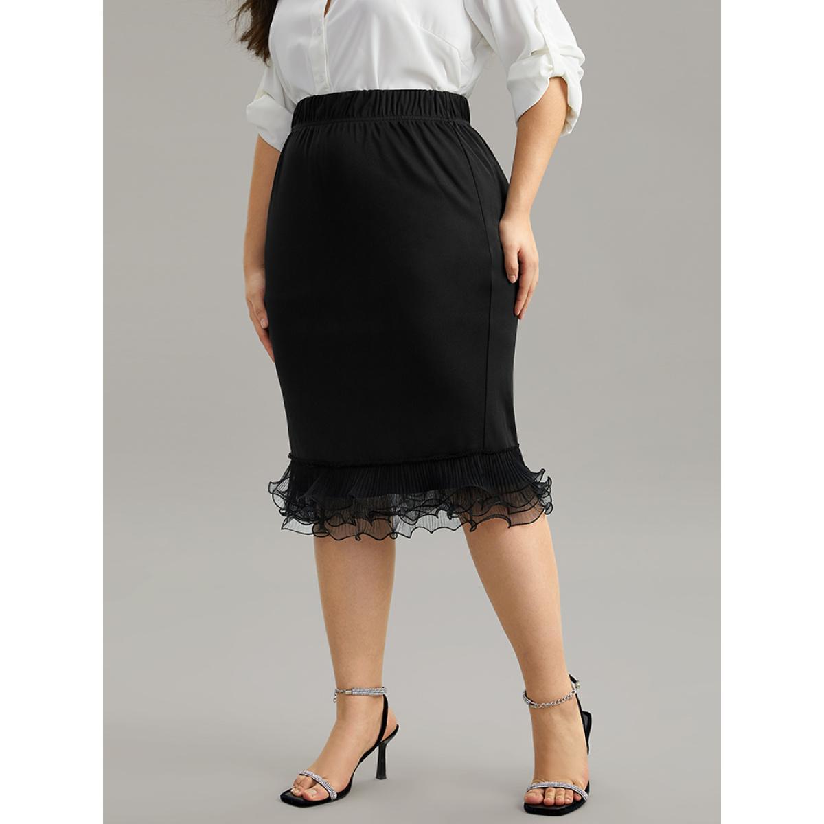Plus Size Guipure Lace Ruffles Split Hem Bodycon Skirt Women Black Glamour Plain Bodycon Medium stretch Festival-Christmas Skirts BloomChic 12/L Product Image
