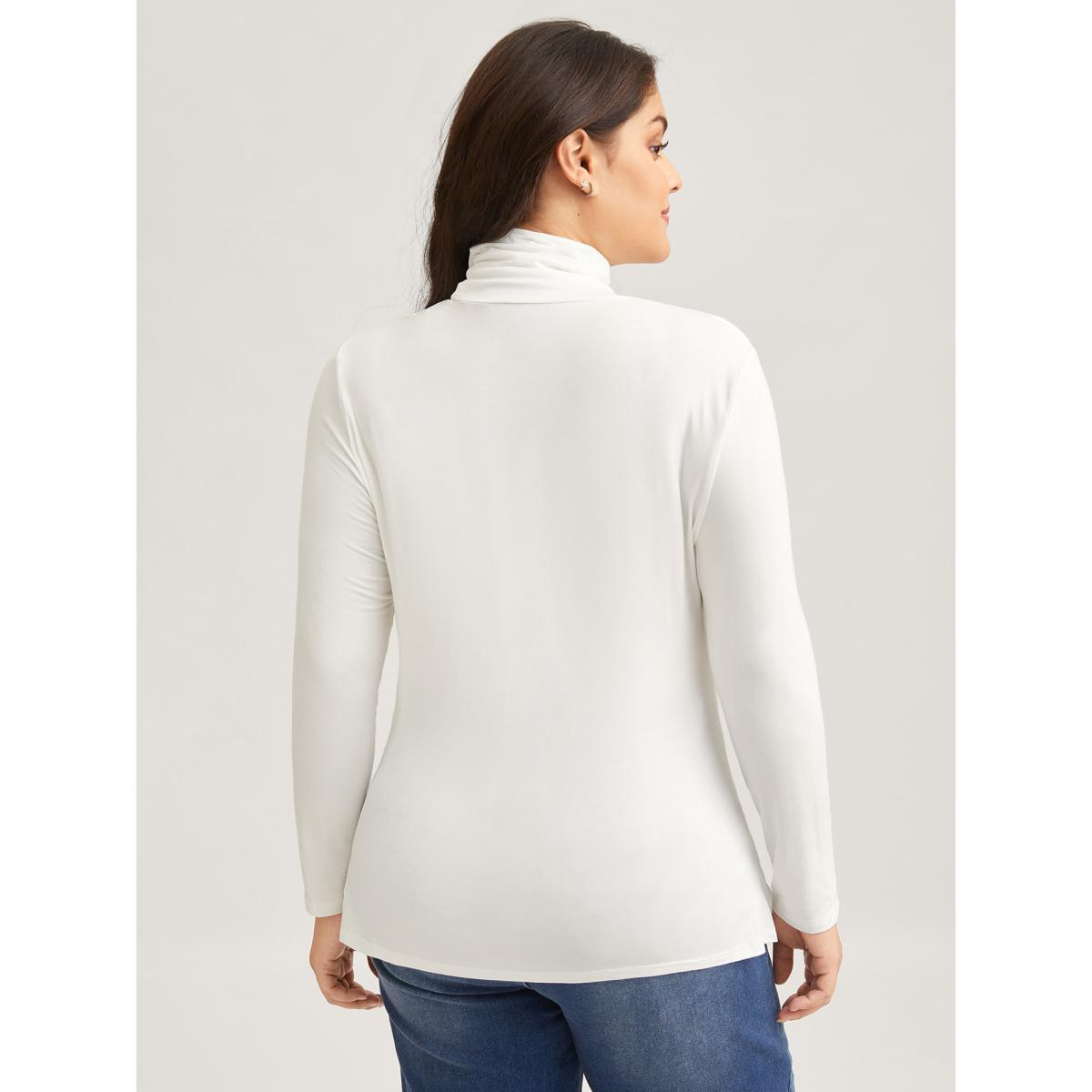 Plus Size Supersoft Essentials Solid Funnel Neck Knit T-shirt White Women Elegant Plain Plain Ruffled collar Bodycon Dailywear T-shirts BloomChic 10/M Product Image