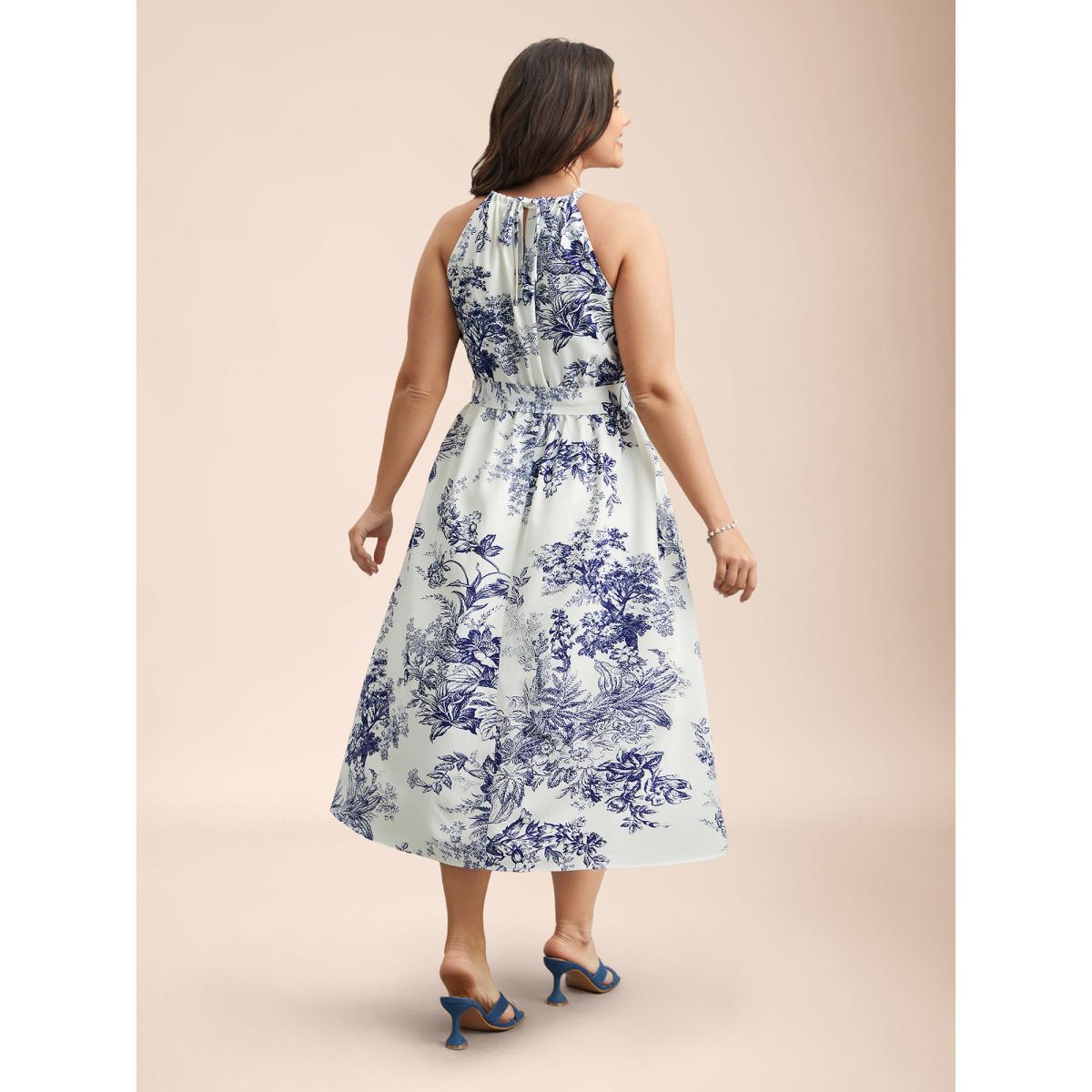 Plus Size Spring Time Florals Sleeveless Midi Dress WhiteSmoke Women Elegant Gathered Halter neck Sleeveless Curvy BloomChic 18-20/2X Product Image