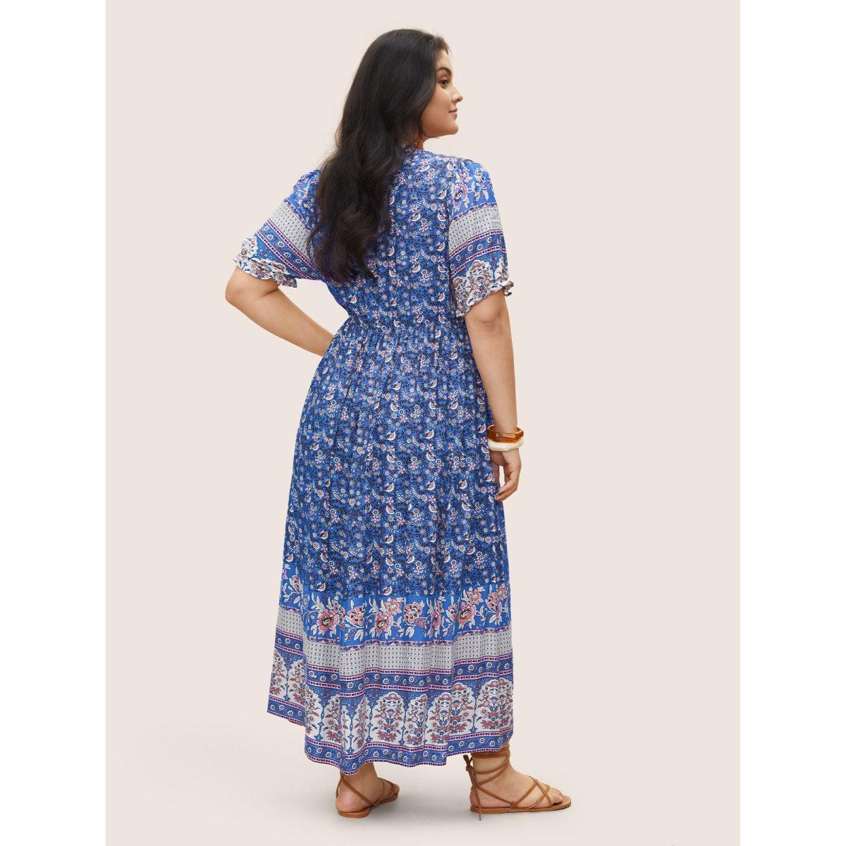 Plus Size Boho Print Notched Ties Tassel Trim Dress Blue Women Resort Non Flat collar with V-notch Short sleeve Curvy BloomChic 10/M Product Image