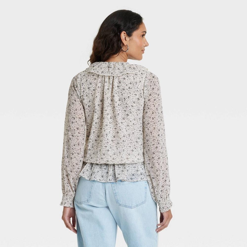Womens Long Sleeve Blouse - Universal Thread Cream Floral XS: Casual V Neck Chiffon Top, Front Tie Pullover Product Image