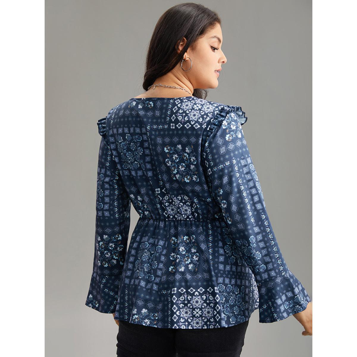 Plus Size Stone Bandana Print Bowknot Frill Trim Blouse Women Elegant Long Sleeve V-neck Dailywear Blouses BloomChic 28/5X Product Image