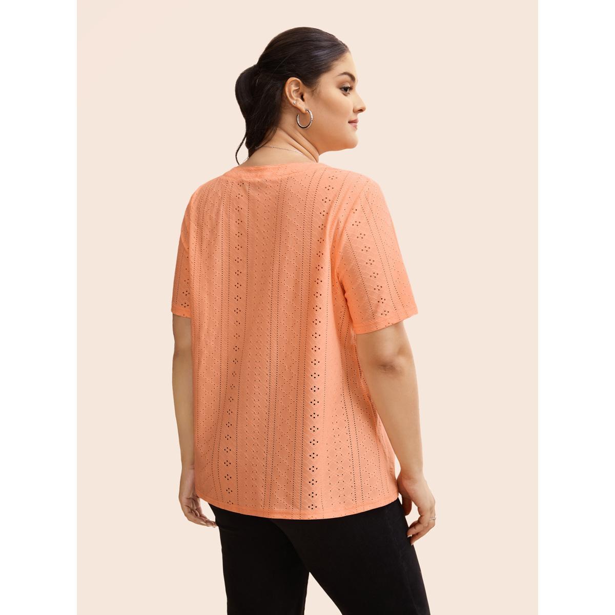 Plus Size Notched Broderie Anglaise Pleated T-shirt Lightorange Women Casual Texture Flat collar with V-notch Everyday T-shirts BloomChic 10/M Product Image