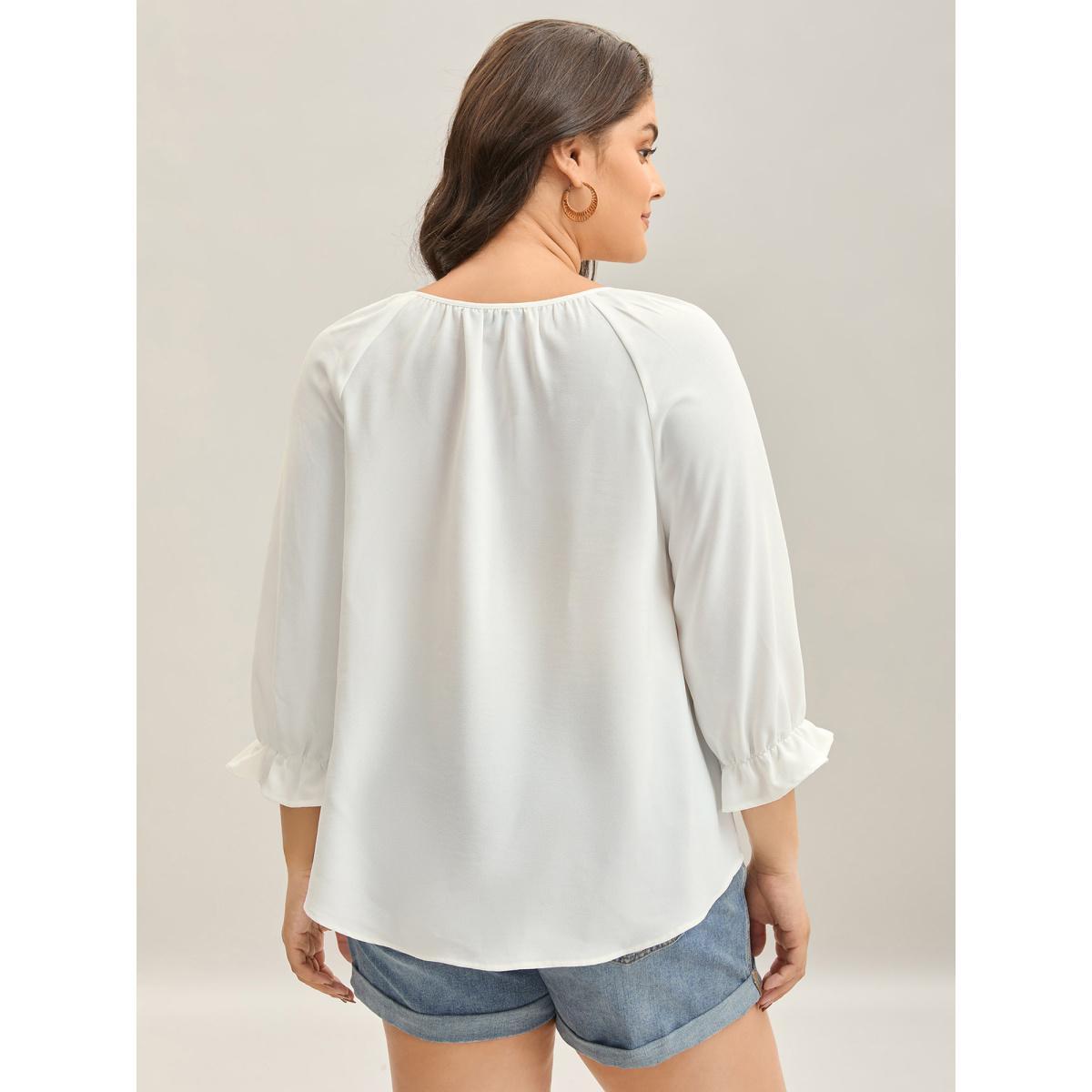 Plus Size Originalwhite Boho Print Neck Tassels Shirt Women Resort Elbow-length sleeve Notched collar Vacation Blouses BloomChic 14-16/1X Product Image