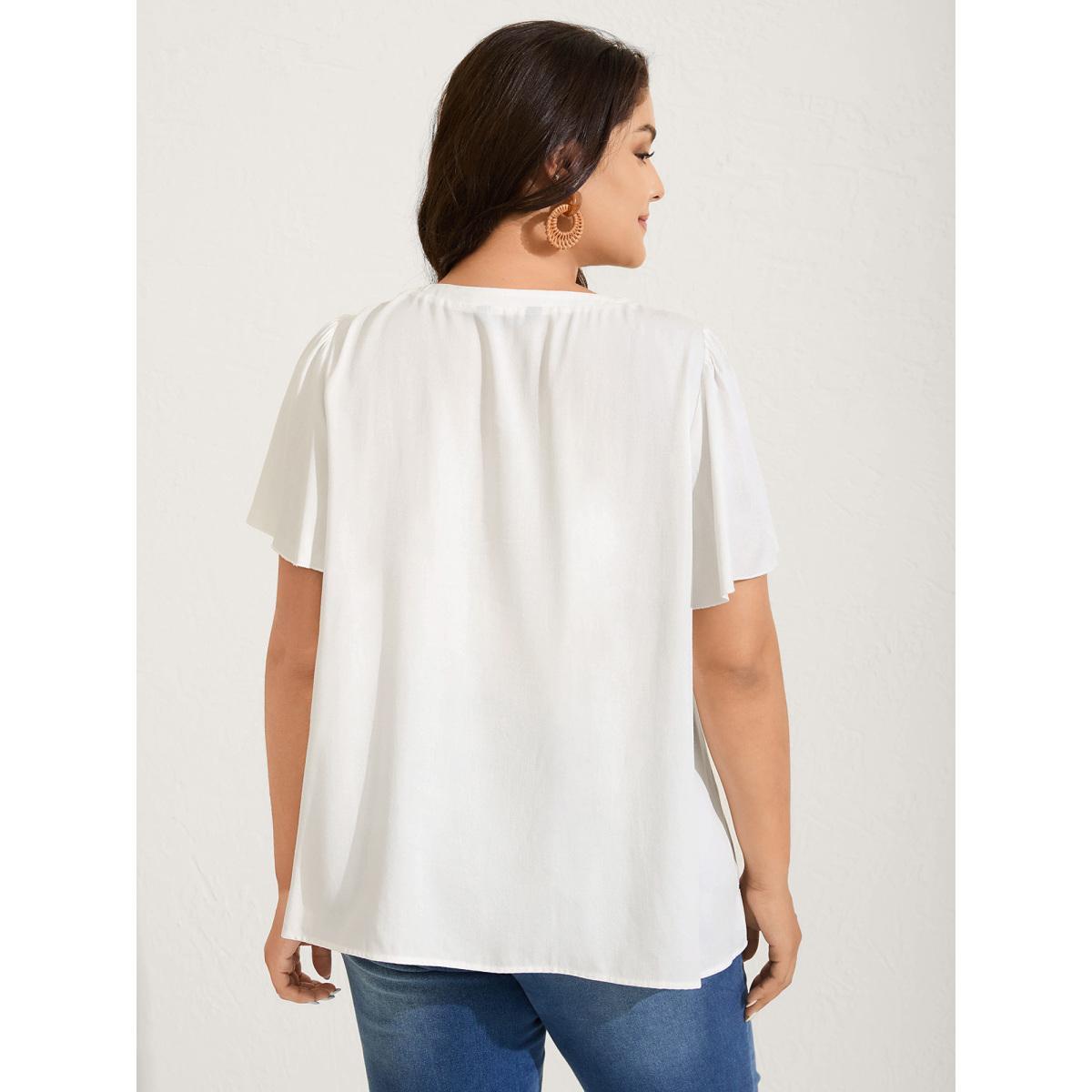 Plus Size Ivory Floral Embroidered Cross-Tie Neck Blouse Women Short sleeve Notched collar Vacation Blouses BloomChic 12/L Product Image