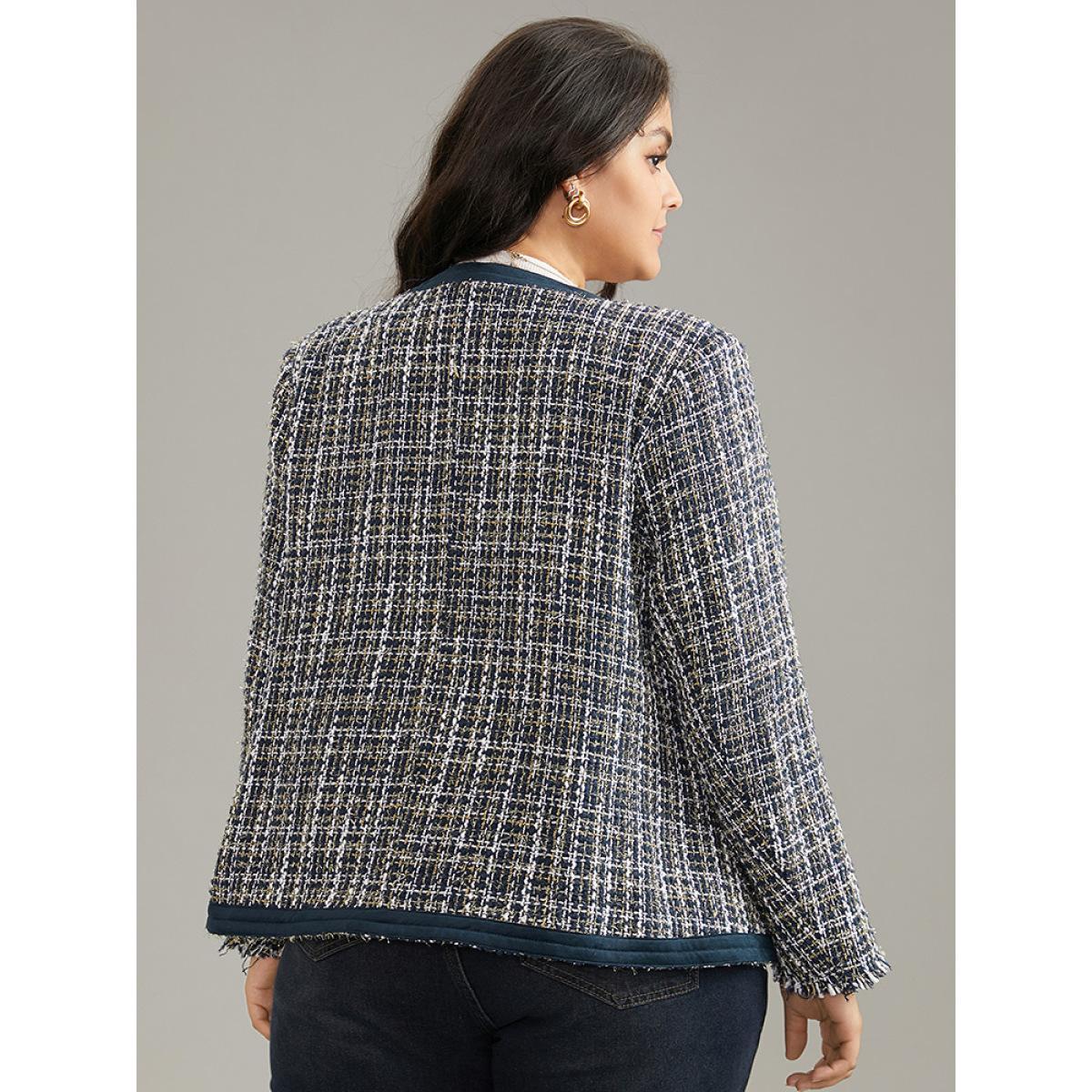 Plus Size Tweed Patchwork Contrast Pocket Jacket Women Indigo Texture Pocket Work Jackets BloomChic 22-24/3X Product Image