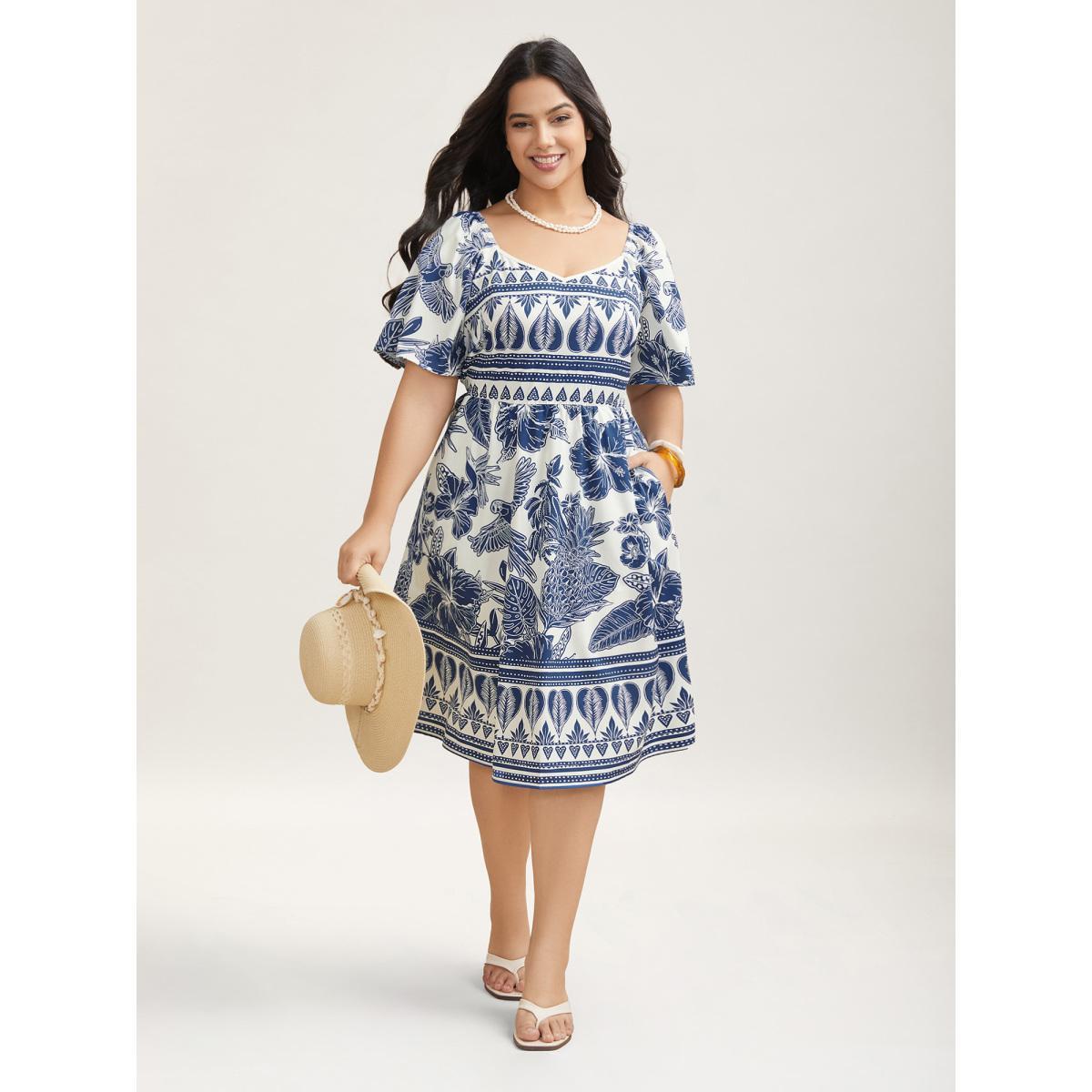 Plus Size Boho Print Fit Flare Pockets Midi Dress DarkBlue Women Resort Non Heart neckline Short sleeve Curvy BloomChic 30/6X Product Image