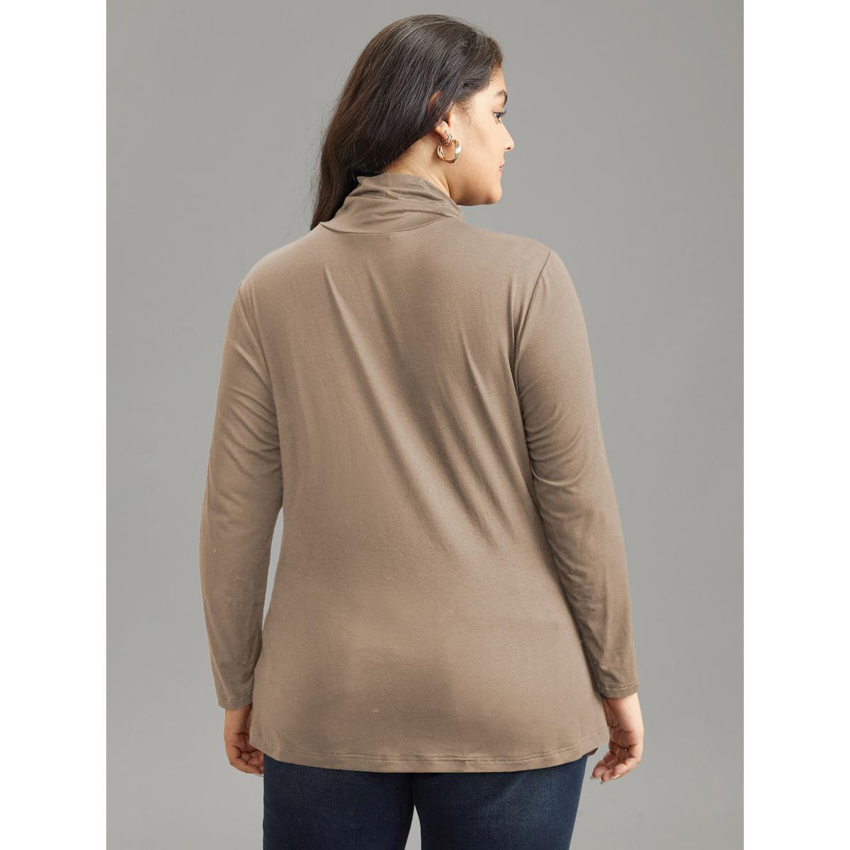 Plus Size Supersoft Essentials Solid Funnel Neck Knit T-shirt LightBrown Women Elegant Plain Plain Ruffled collar Bodycon Dailywear T-shirts BloomChic 30/6X Product Image