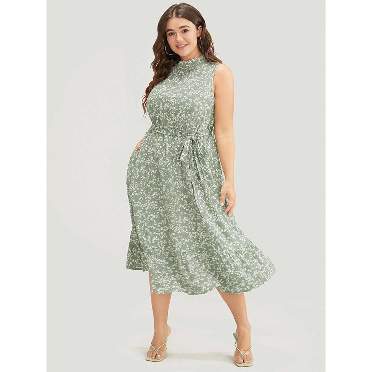 Plus Size Ditsy Floral Keyhole Pocket Belted Mock Neck Ruffles Dress Sage Women Elegant Pocket Mock Neck Sleeveless Curvy Midi Dress BloomChic 28/5X Product Image