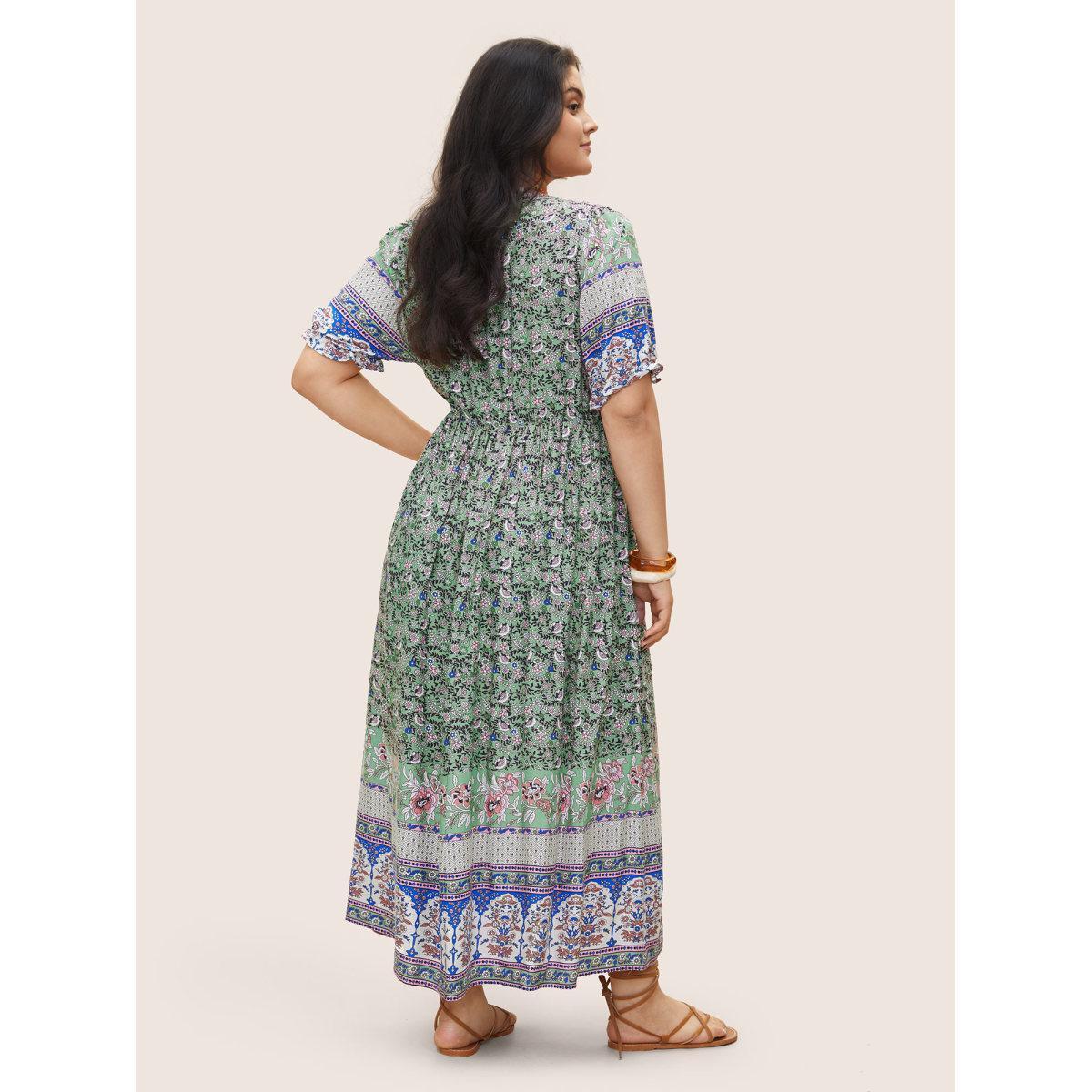 Plus Size Boho Print Notched Ties Tassel Trim Dress Mint Women Resort Non Flat collar with V-notch Short sleeve Curvy BloomChic 30/6X Product Image