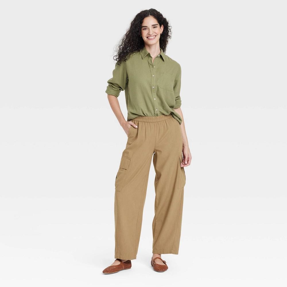 Women's Long Sleeve Collared Linen Button-Down Shirt - Universal Thread™ Olive Green XS Product Image