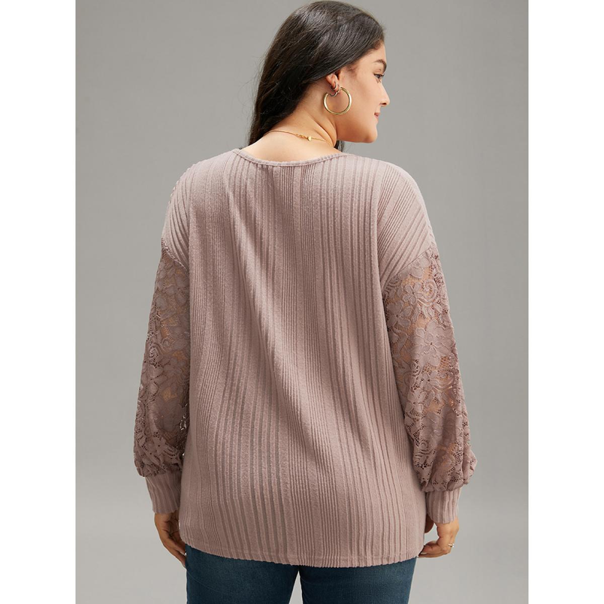 Plus Size Lace Panel V Neck Lantern Sleeve Sweatshirt Women Pink Elegant Elastic cuffs V-neck Dailywear Sweatshirts BloomChic 14-16/1X Product Image