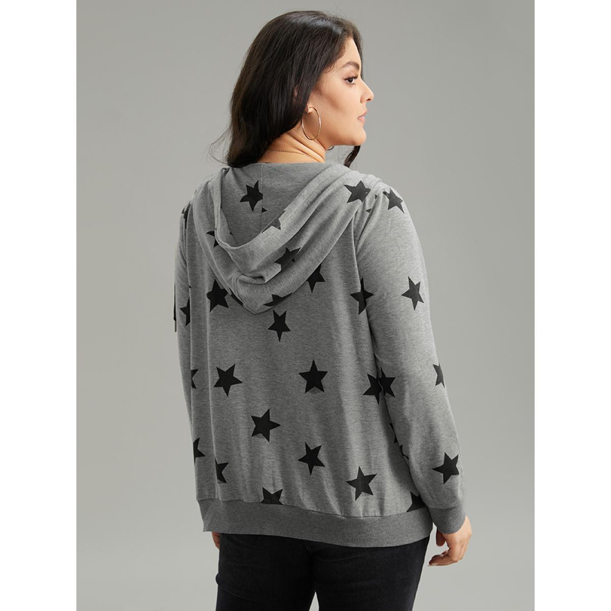 Plus Size Star Print Hooded Ties Pocket Sweatshirt Women Gray Casual Printed Hooded Dailywear Sweatshirts BloomChic 28/5X Product Image