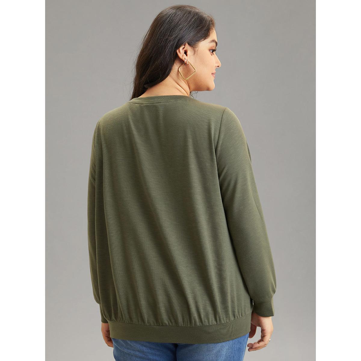 Plus Size Plain Plicated Detail Button Detail Sweatshirt Women Sage Casual Texture Round Neck Dailywear Sweatshirts BloomChic 10/M Product Image
