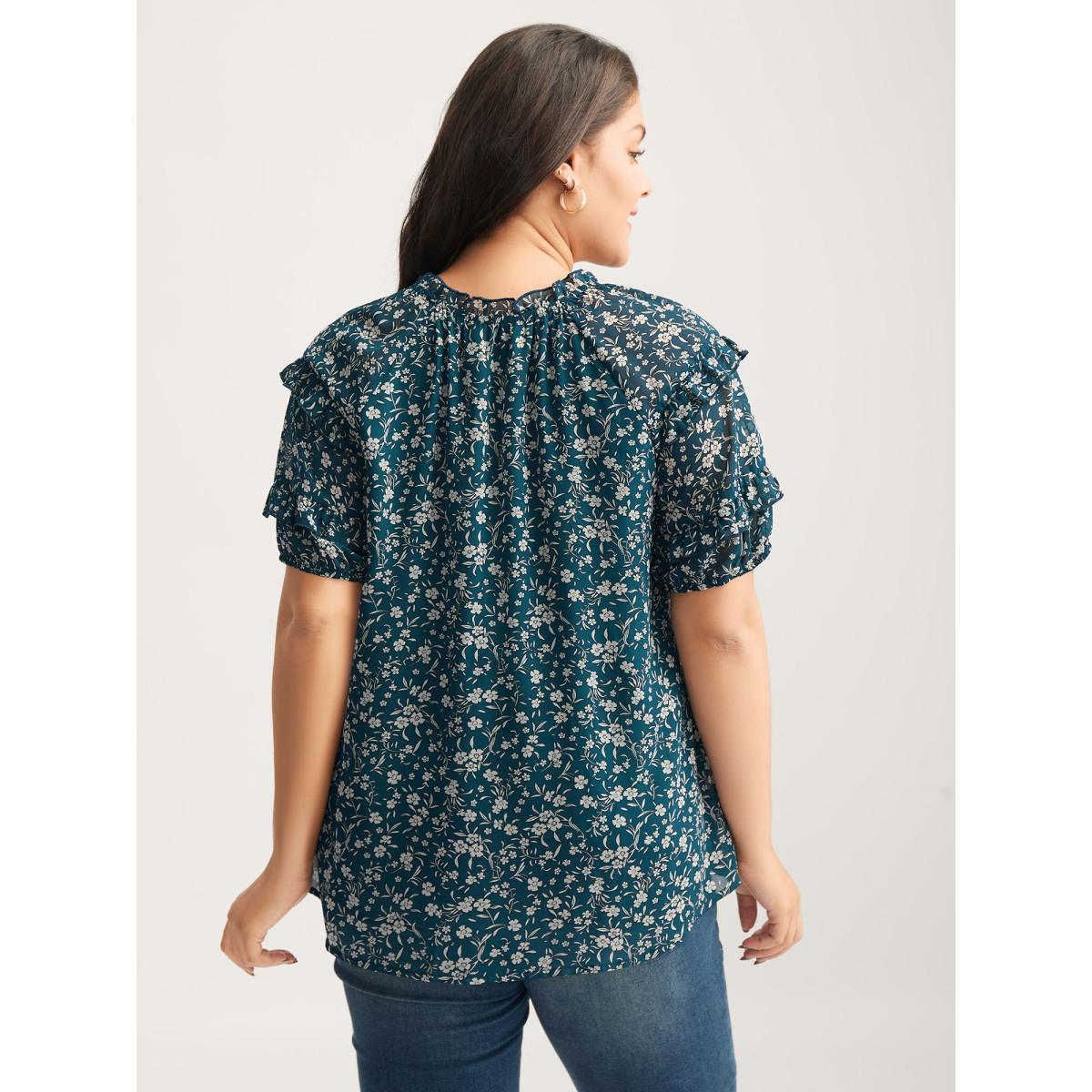 Plus Size Aegean Delicate Florals Ruffled Tiered Sleeve Blouse Women Short sleeve Round Neck Vacation Blouses BloomChic 28/5X Product Image
