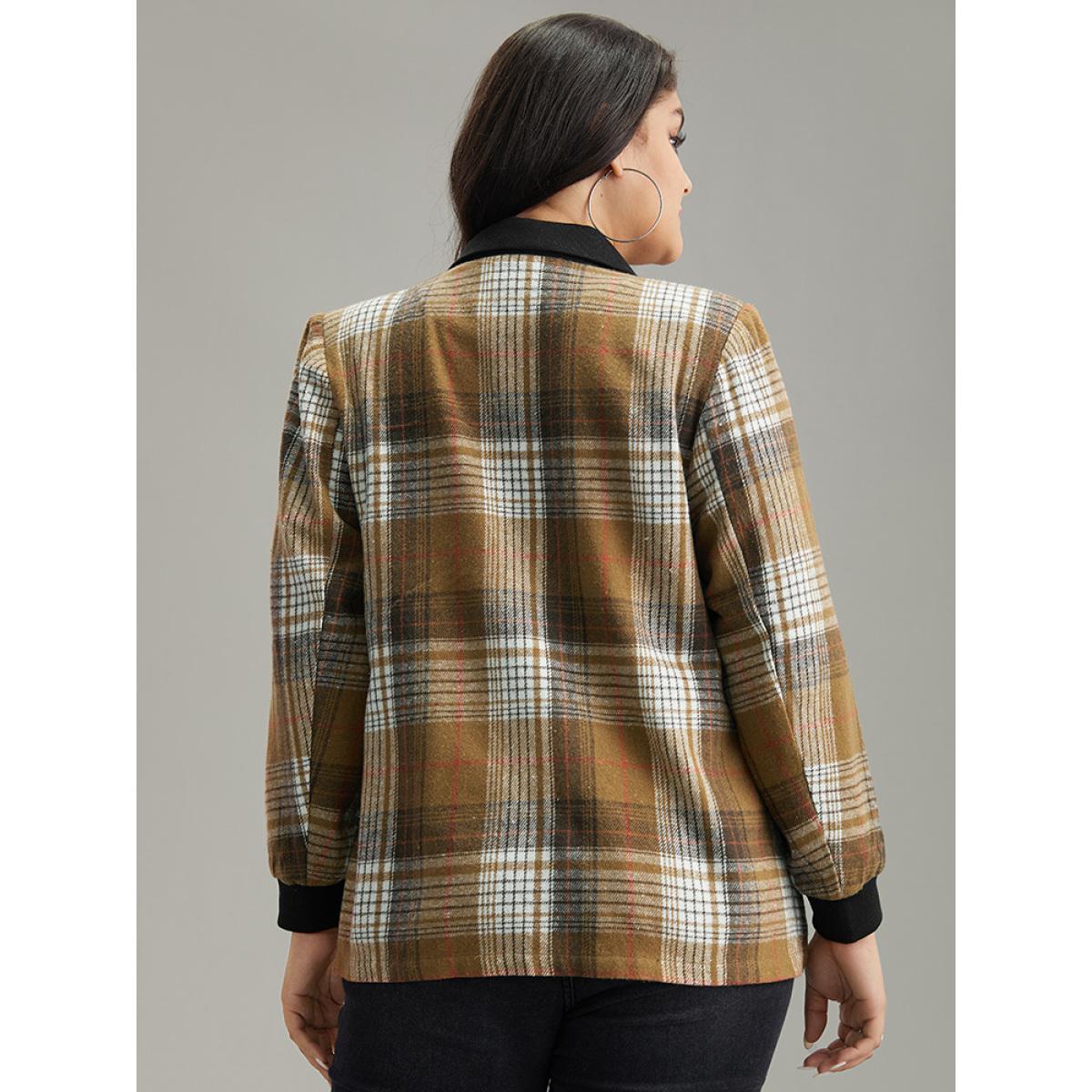 Plus Size Lapel Collar Plaid Button Up Blazer Bronze Women Work Plaid Contrast Sleeve Long Sleeve Lapel Collar 14-16/1X Pocket Office Blazers BloomChic Product Image