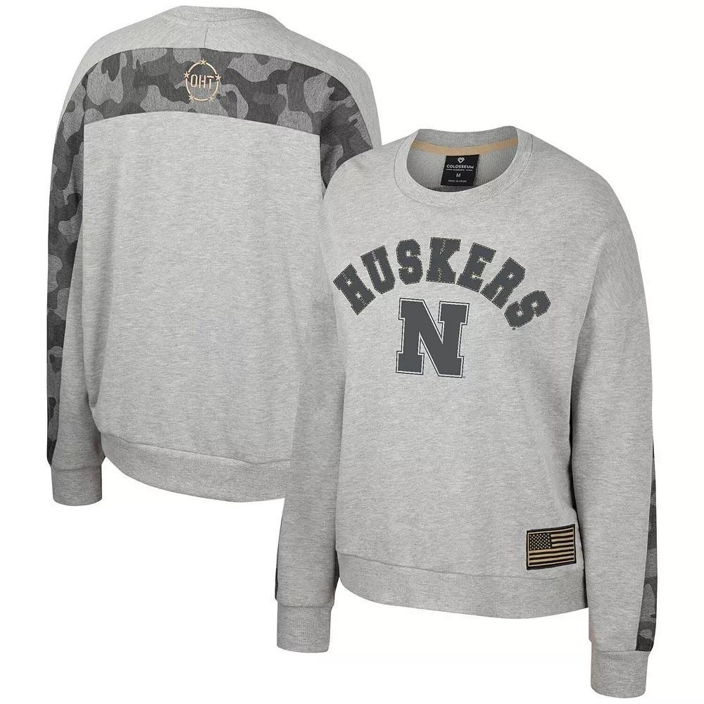 Women's Colosseum Heather Gray Nebraska Huskers OHT Military Appreciation Flag Rank Dolman Pullover Sweatshirt, Size: Large, Grey Product Image