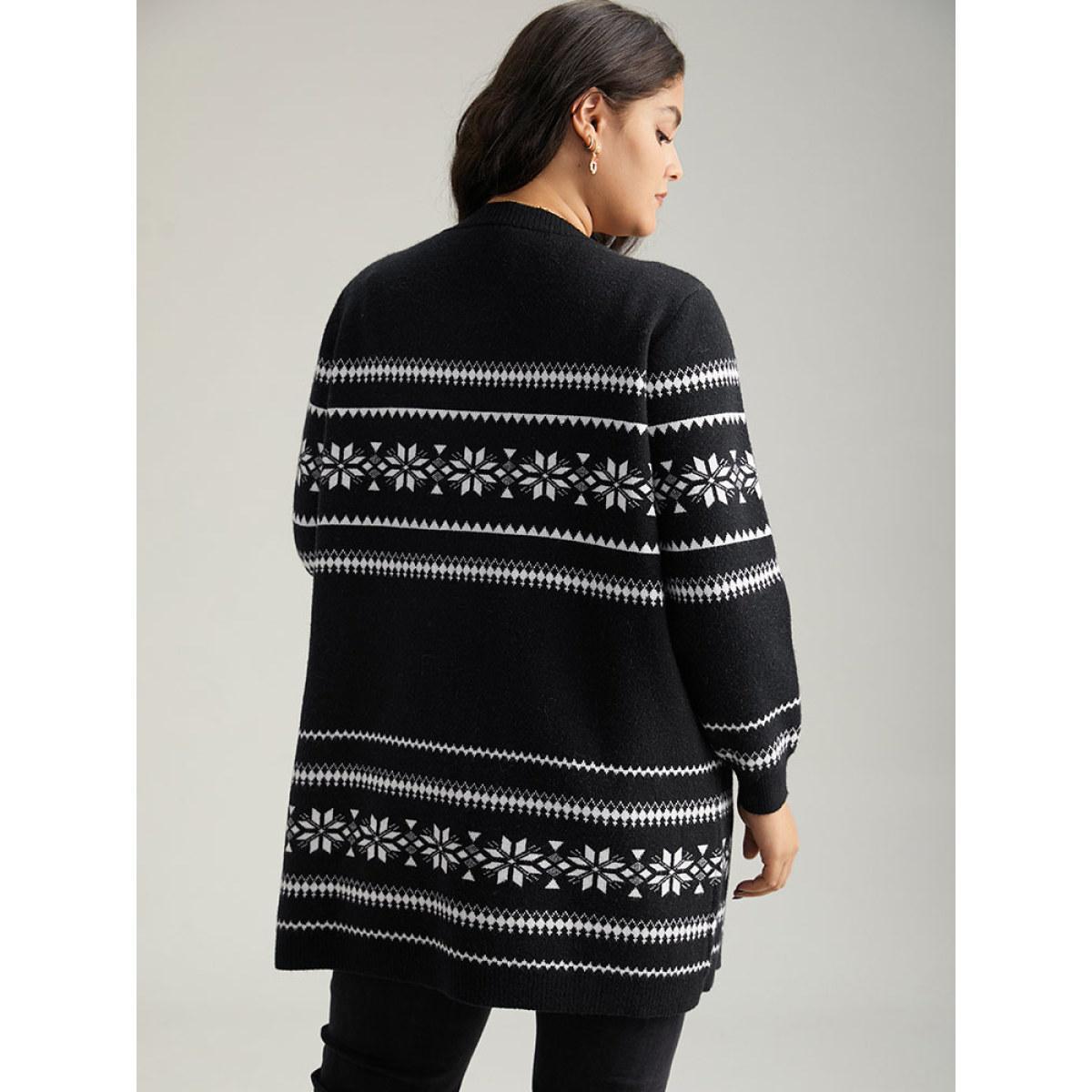 Plus Size Anti-Pilling Bandana Print Elastic Cuffs Cardigan Black Women Casual Loose Long Sleeve Festival-Christmas Cardigans BloomChic 10/M Product Image