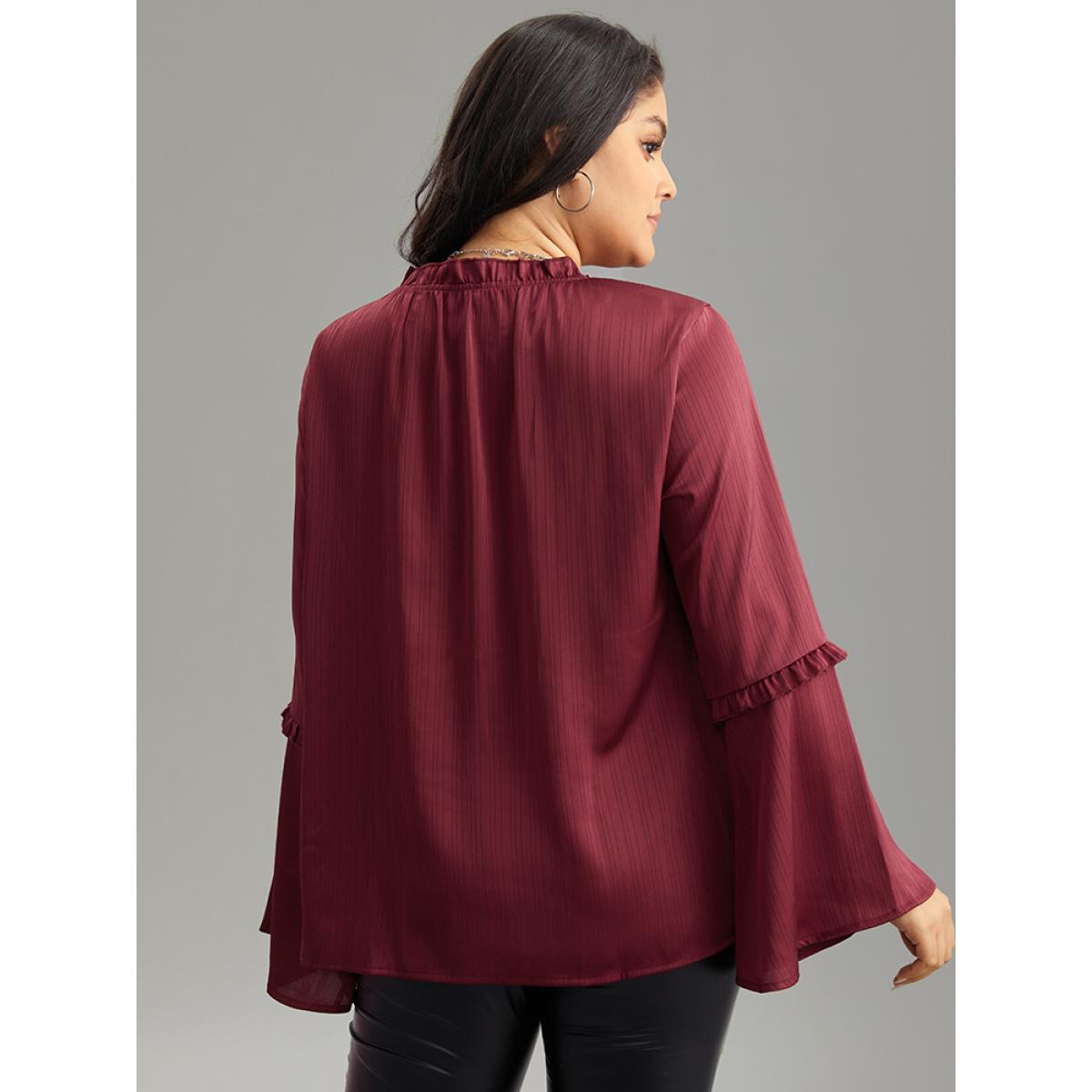 Plus Size Scarlet Plain Frill Trim Bell Sleeve Blouse Women Elegant Long Sleeve Round Neck Dailywear Blouses BloomChic 18-20/2X Product Image