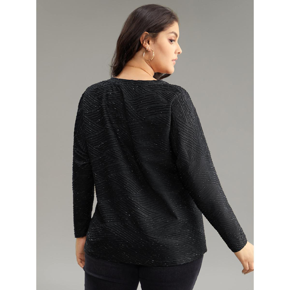 Plus Size Plisse Solid Notched Long Sleeve T-shirt Black Women Casual Texture Plain Notched collar Dailywear T-shirts BloomChic 14-16/1X Product Image