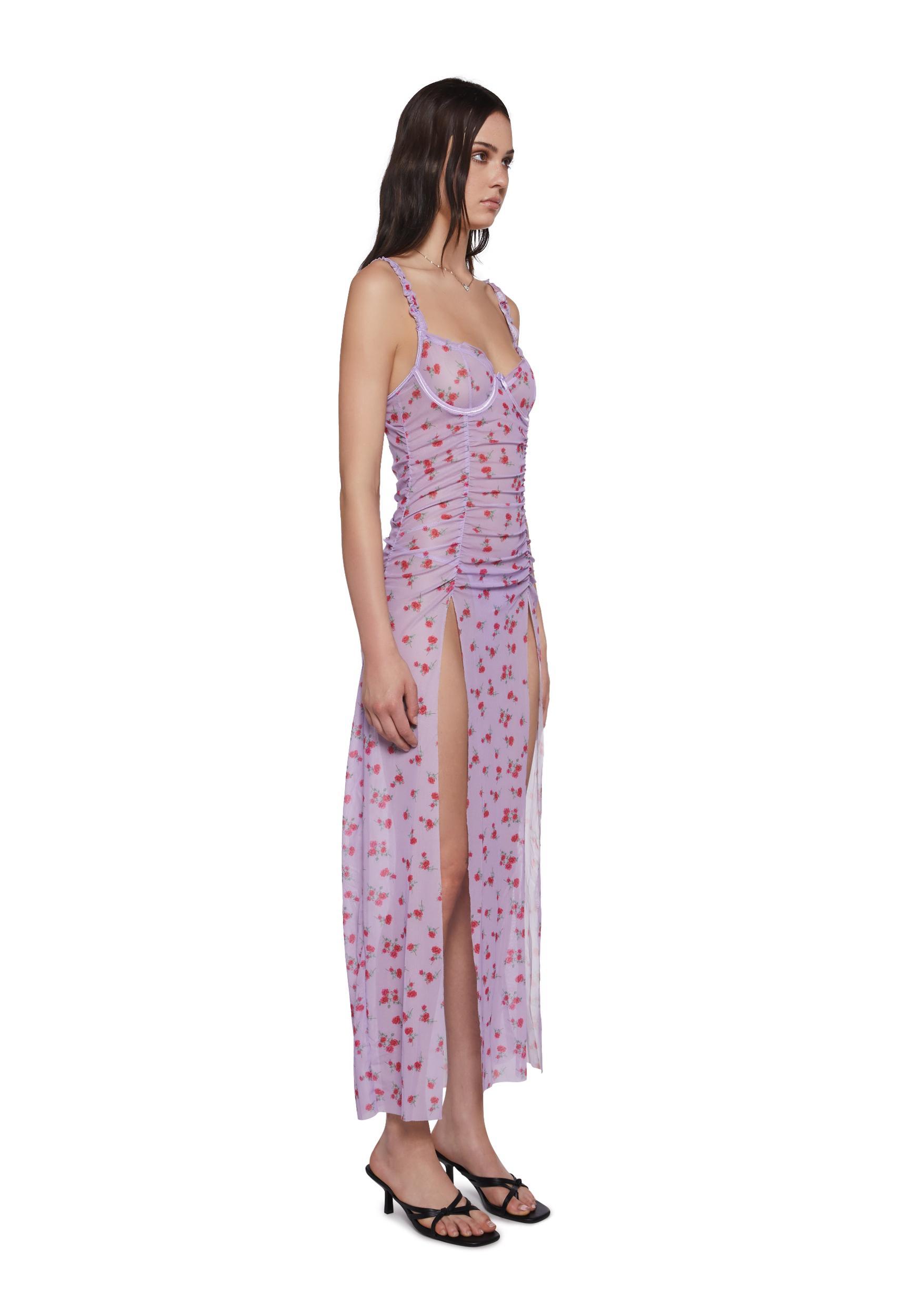 Womens Floral Print Nightdress And Thong Panty Lingerie Set - Purple Product Image