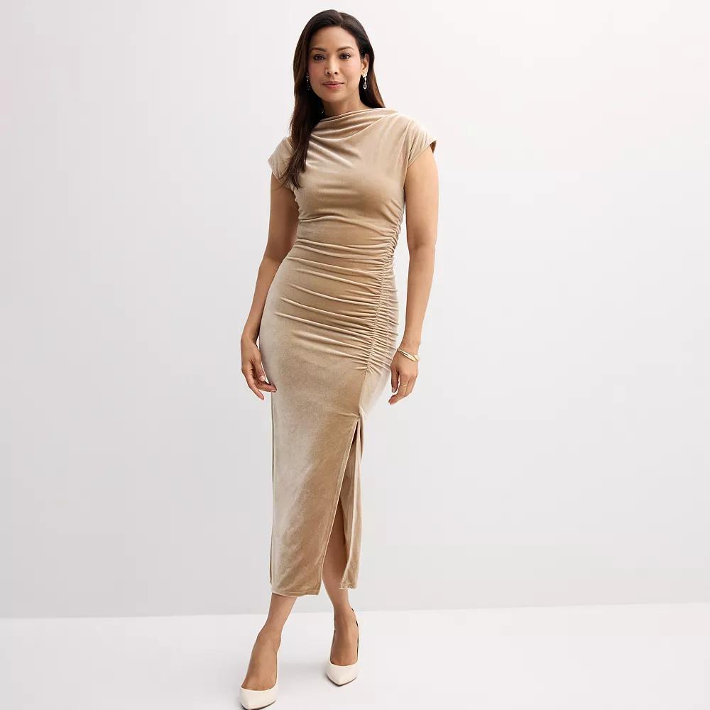 Women's Robbie Bee High Neck Ruched Velvet Midi Dress, Size: XXL, Red Product Image