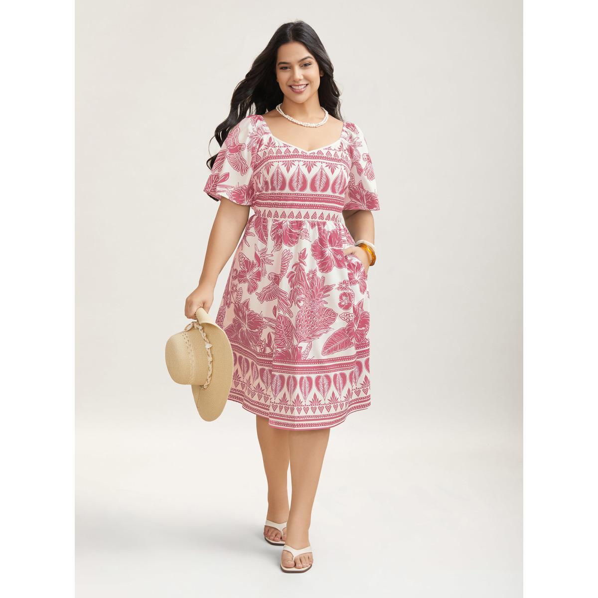 Plus Size Boho Print Fit Flare Pockets Midi Dress Blush Women Resort Non Heart neckline Short sleeve Curvy BloomChic 14-16/1X Product Image