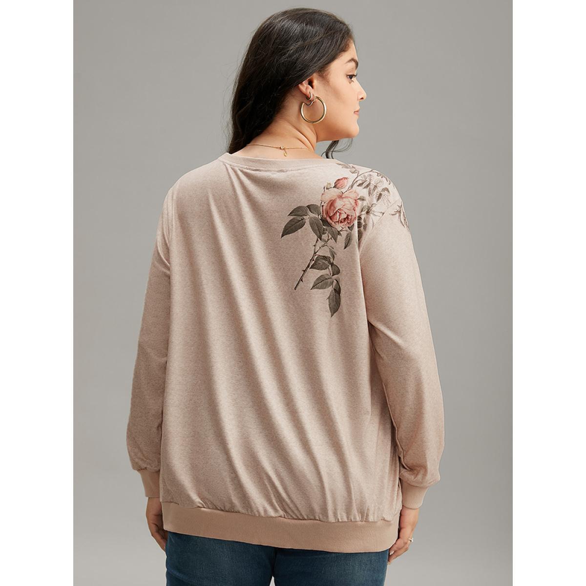 Plus Size Floral Print Elastic Cuffs Sweatshirt Women LightBrown Casual Elastic cuffs Round Neck Dailywear Sweatshirts BloomChic 28/5X Product Image