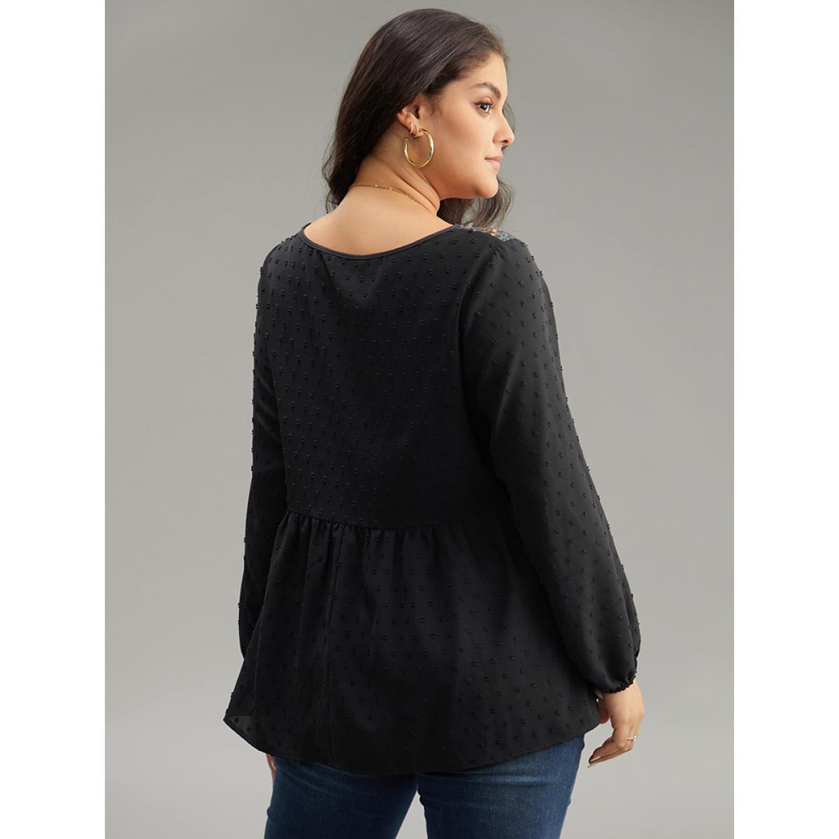 Plus Size Black Boho Print Patchwork Lantern Sleeve Gathered Blouse Women Vacation Long Sleeve Round Neck Dailywear Blouses BloomChic 30/6X Product Image