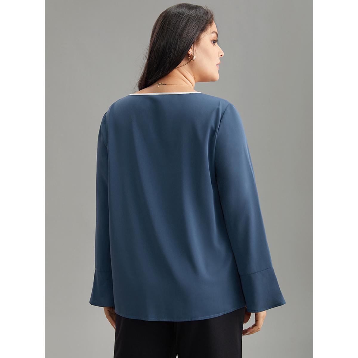 Plus Size Indigo Two Tone Keyhole Bell Sleeve Blouse Women Office Long Sleeve Keyhole Cut-Out Work Blouses BloomChic 10/M Product Image