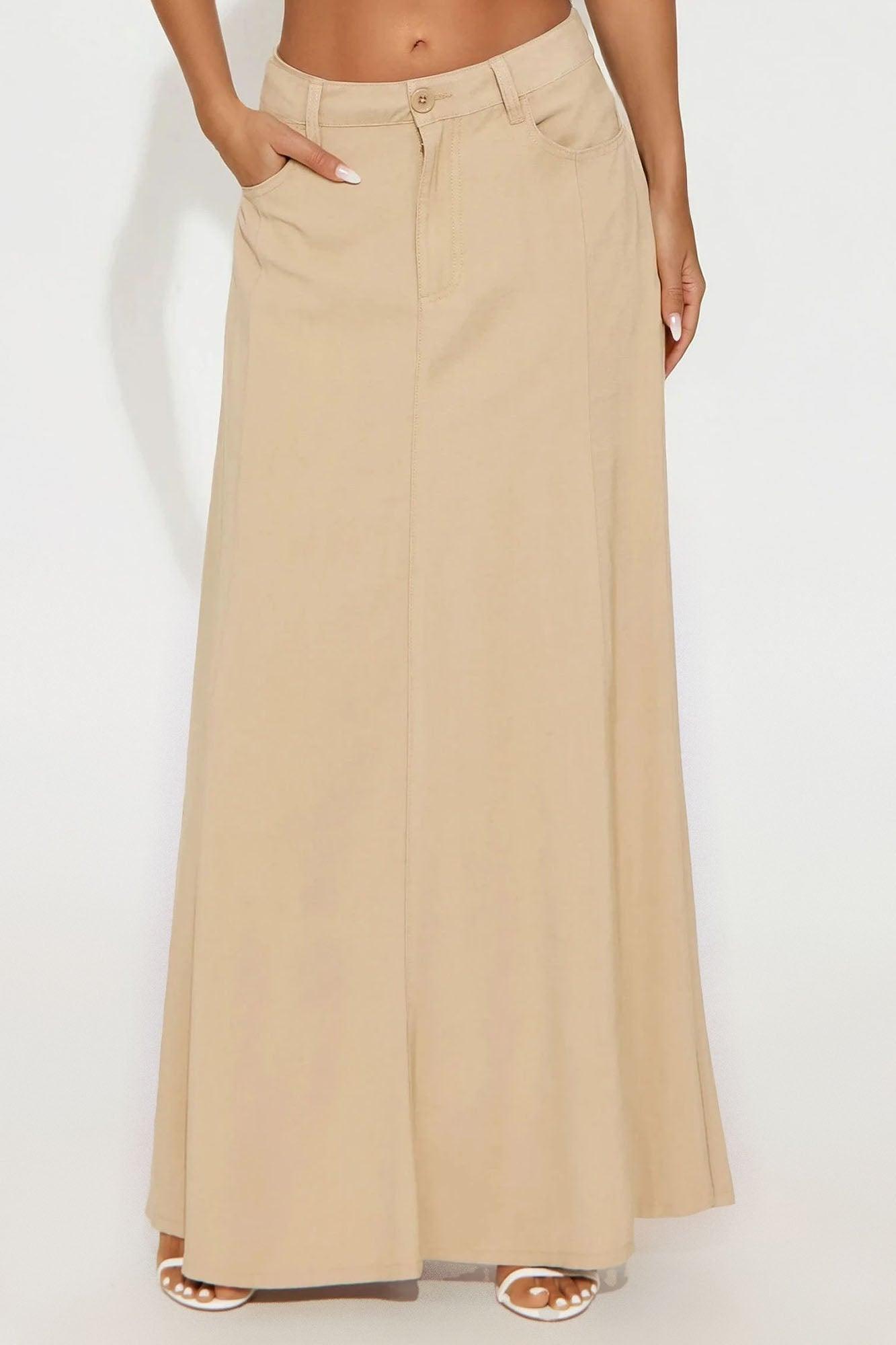 Harlow Maxi A Line Pleated Rayon Blend Skirt - Khaki Product Image