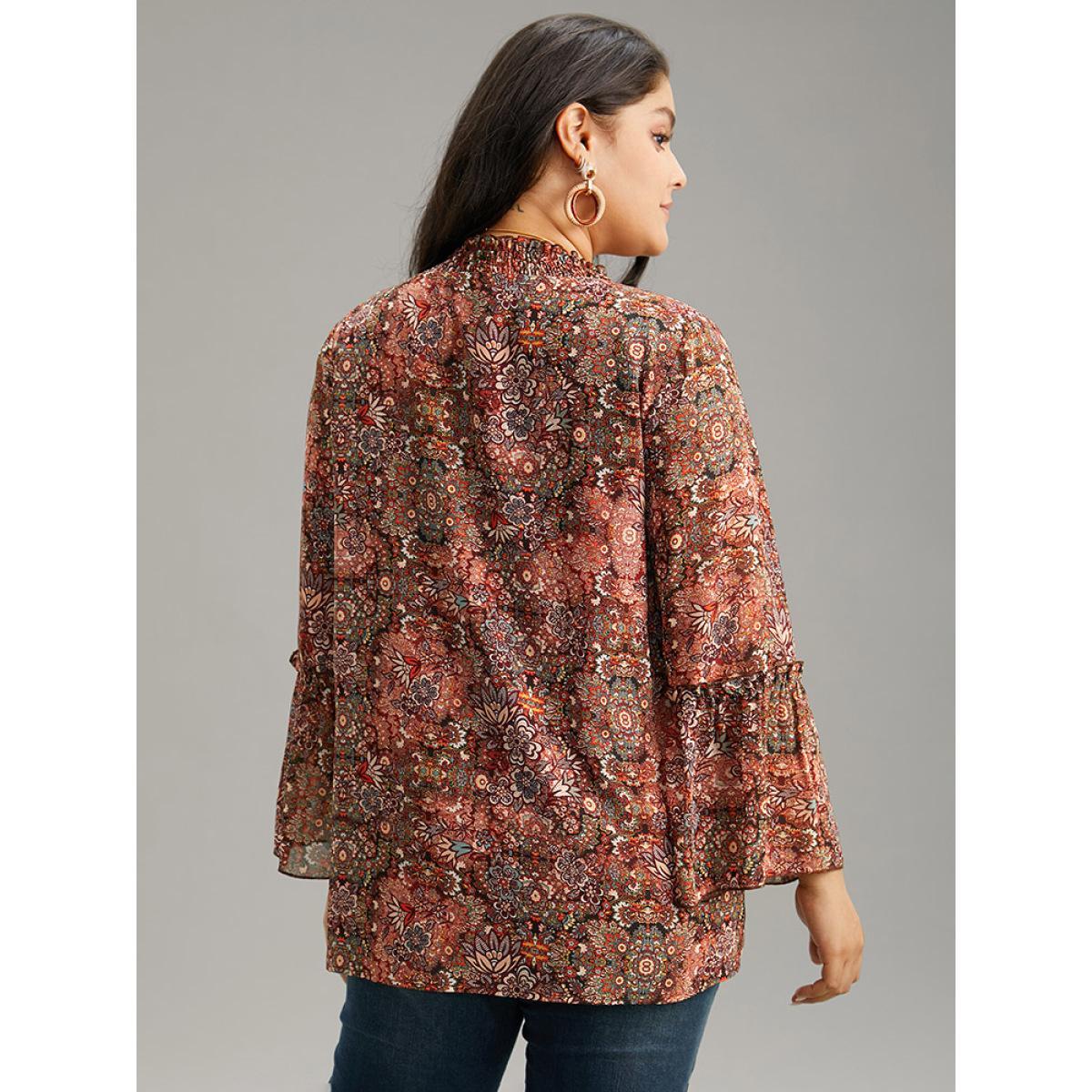 Plus Size Scarlet Bandana Print Mesh Frill Trim Blouse Women Elegant Long Sleeve Round Neck Vacation Blouses BloomChic 22-24/3X Product Image