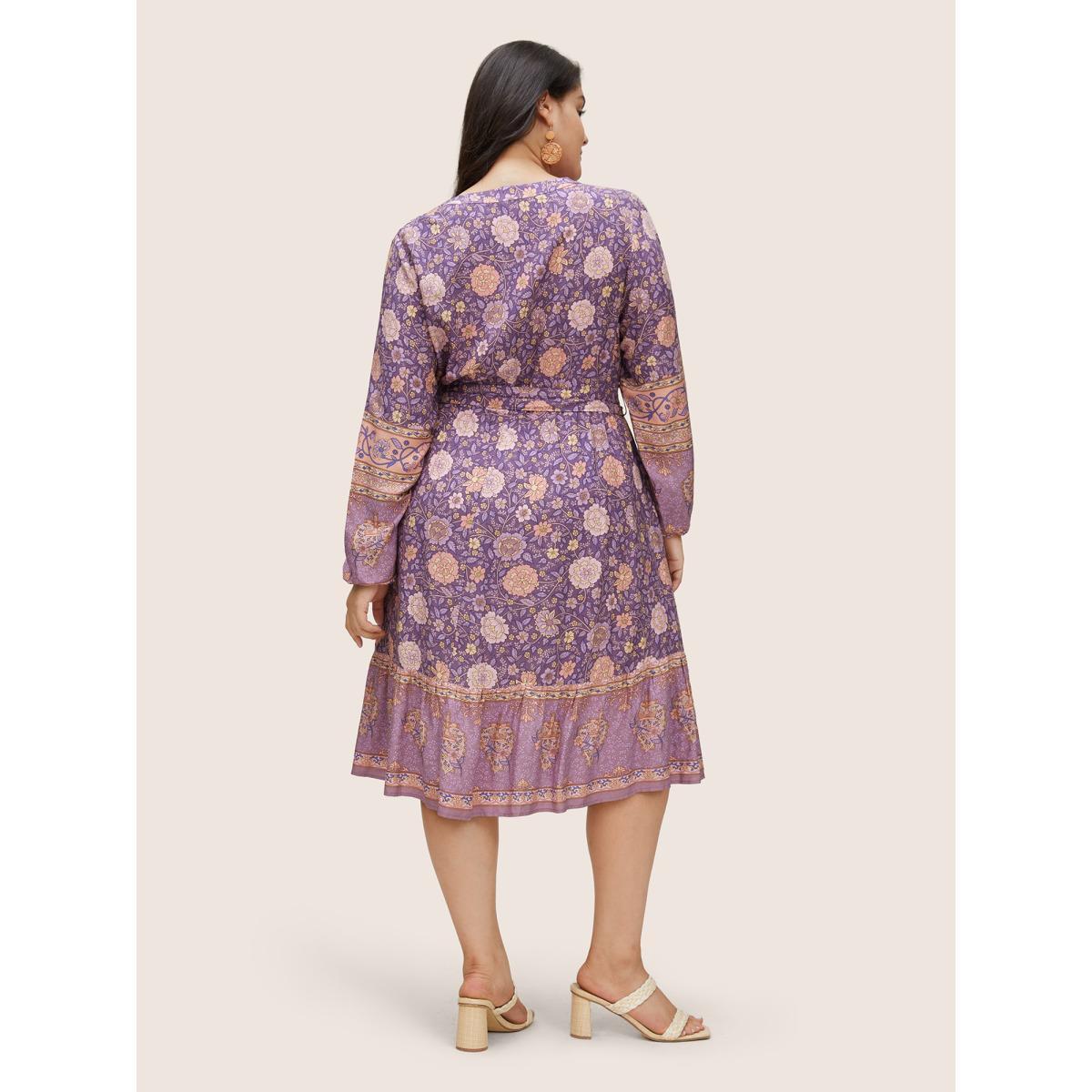 Plus Size Boho Print Belted Notched Lantern Sleeve Dress Mauve Women Resort Non Notched collar Long Sleeve Curvy Midi Dress BloomChic 14-16/1X Product Image
