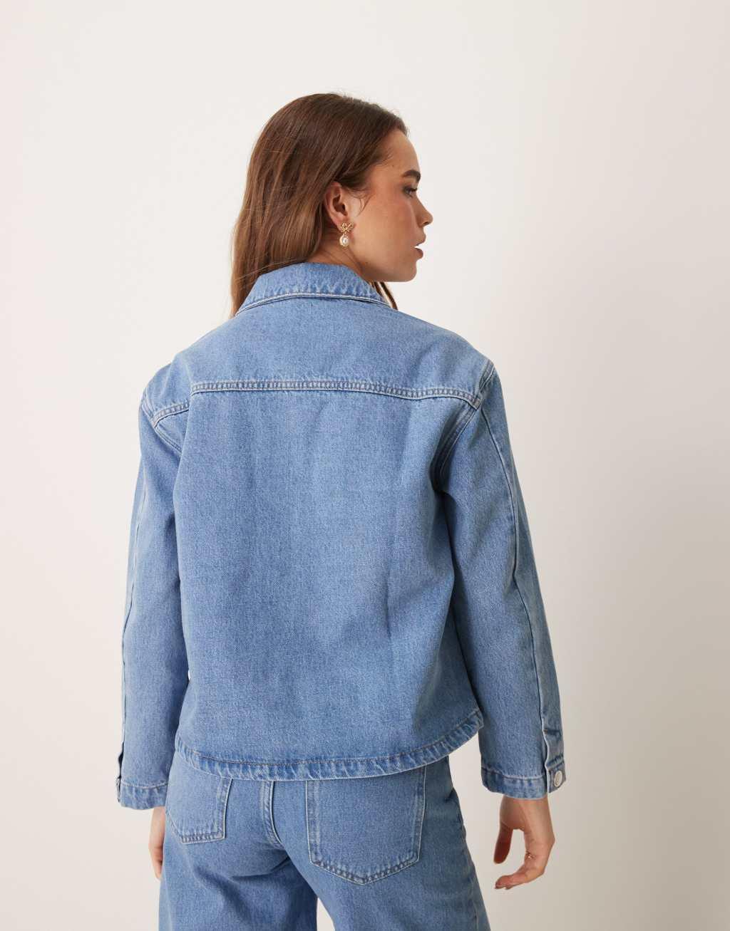 ASOS DESIGN denim crop henley top in mid blue Product Image