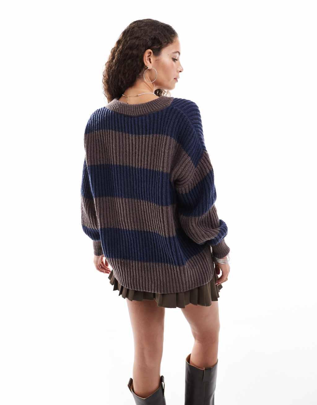 Daisy Street v neck stripe knitted ribbed sweater Product Image