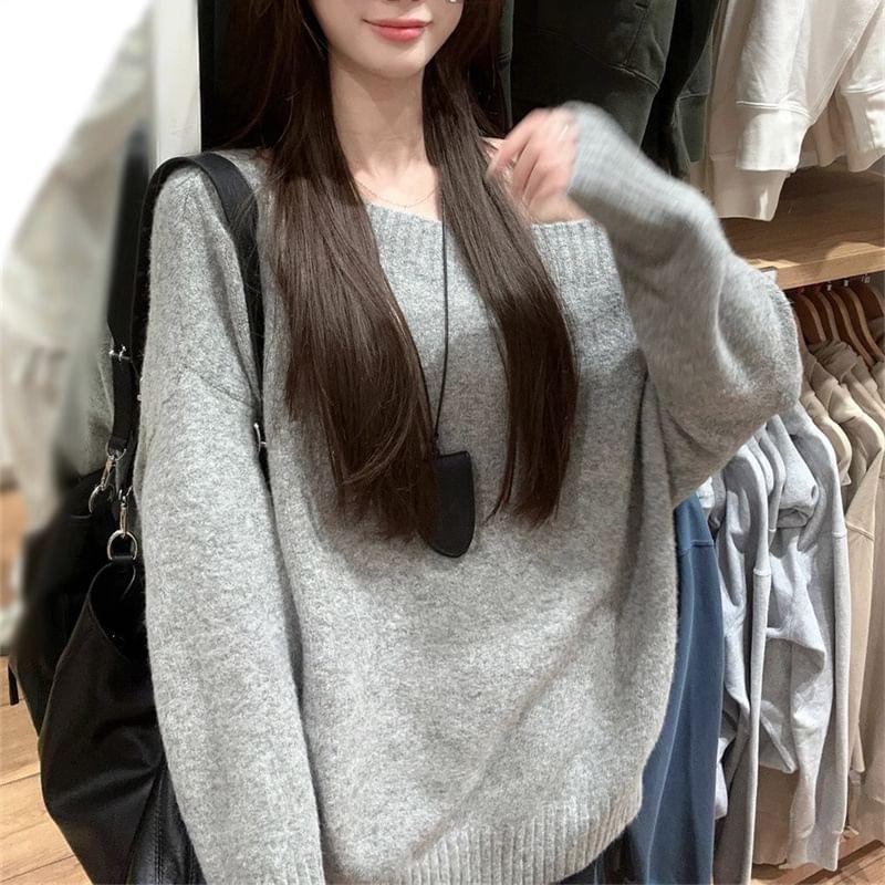 Off-Shoulder Plain Sweater Product Image