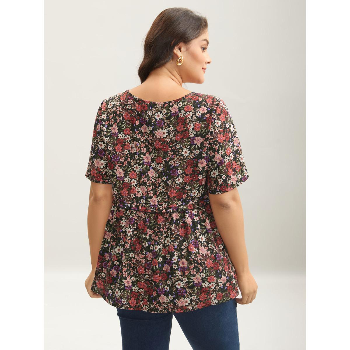 Plus Size Black Floral Ruffled Round Neck Shirt Women Elegant Short sleeve Round Neck Everyday Blouses BloomChic 28/5X Product Image