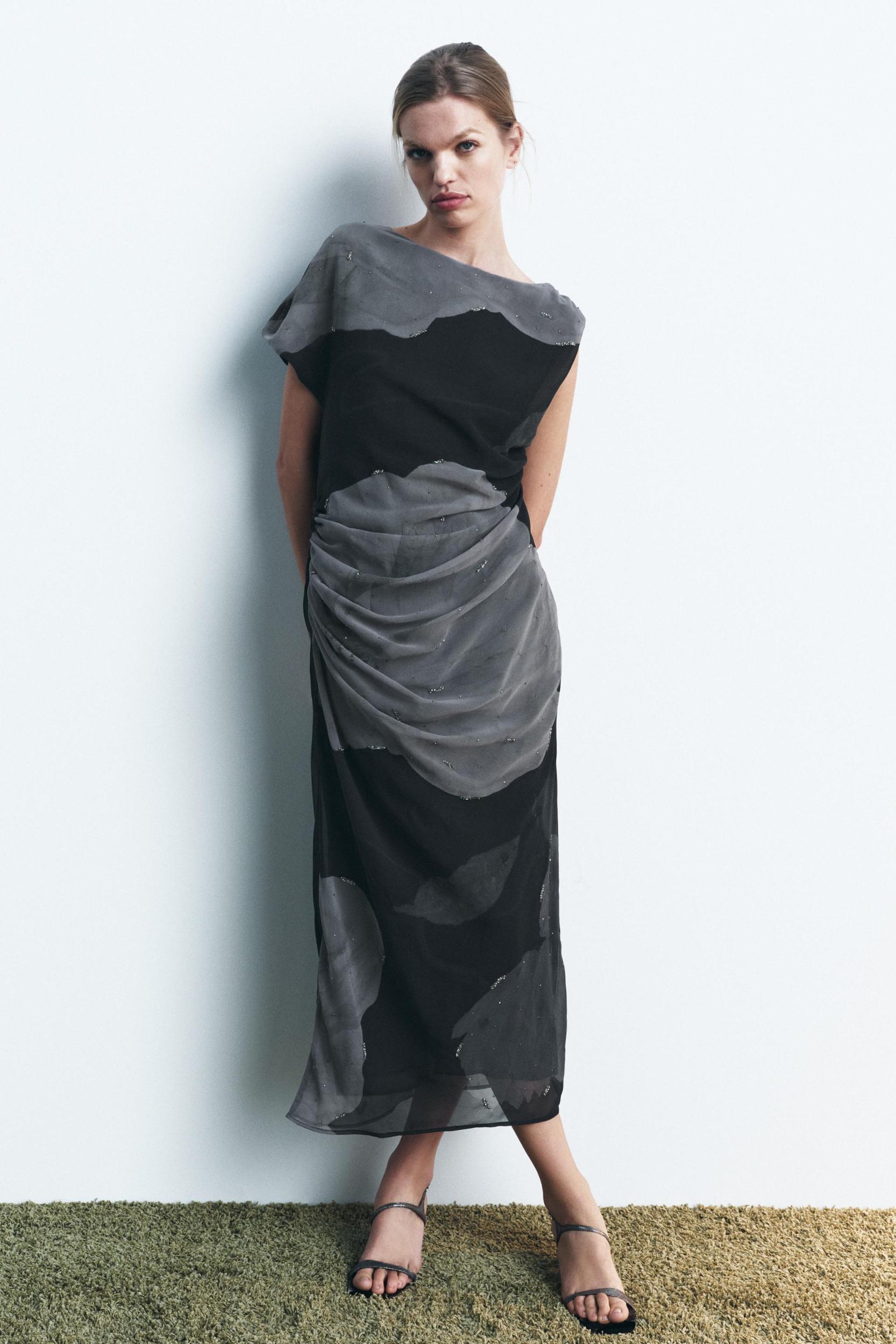 BEADED DRAPED DRESS Product Image