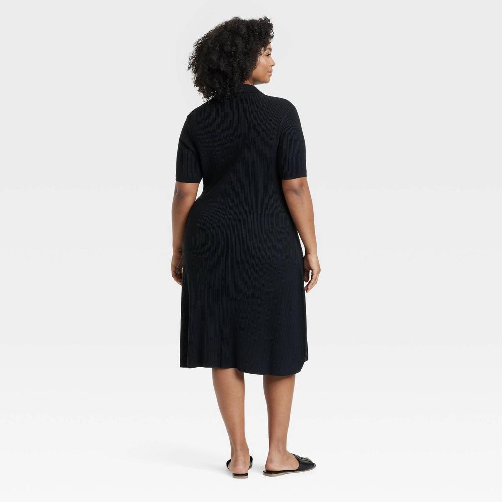 Women's Short Sleeve Ribbed Midi Sweater Dress - Ava & Viv™ Black 1X: Polo Collar, Midweight, Plus Size Product Image