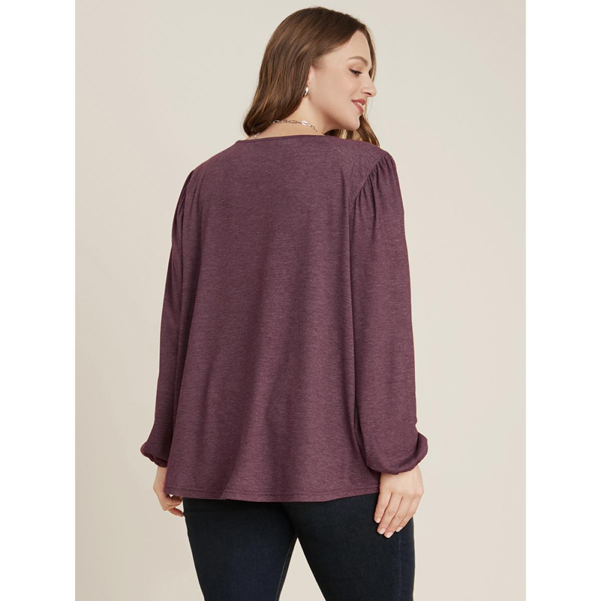 Plus Size DustyPink Solid Round Neck Gathered Lantern Sleeve Blouse Women Elegant Long Sleeve Round Neck Dailywear Blouses BloomChic 26/4X Product Image