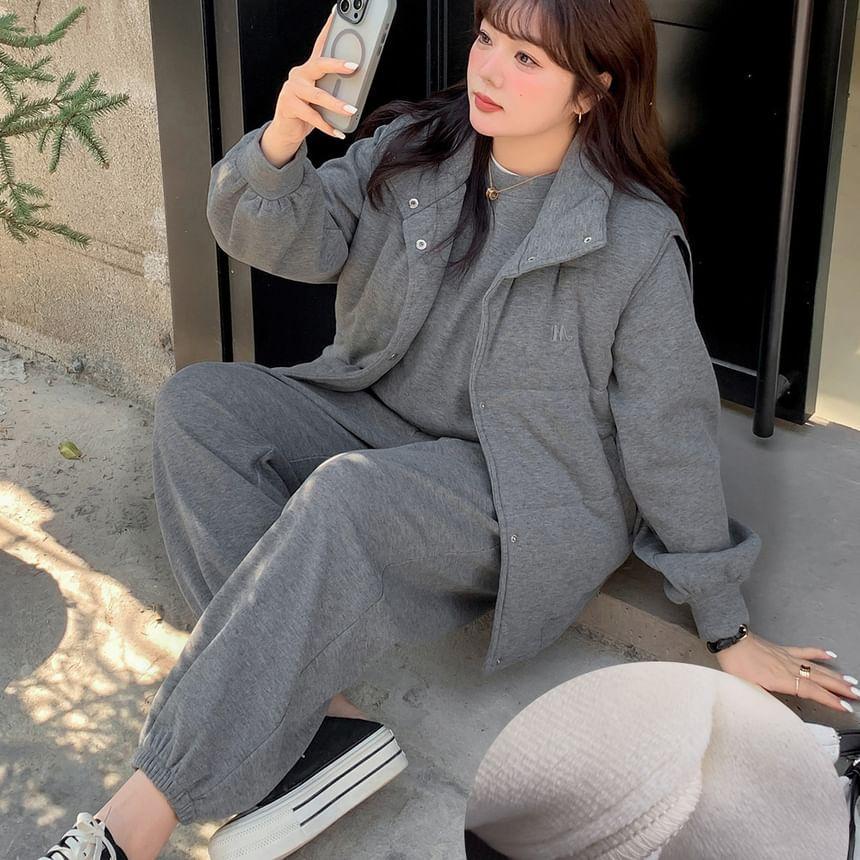 Plus Size Letter Embroidered Single-Breasted Vest / Round Neck Sweatshirt / Drawstring Waist Harem Pants / Set Product Image