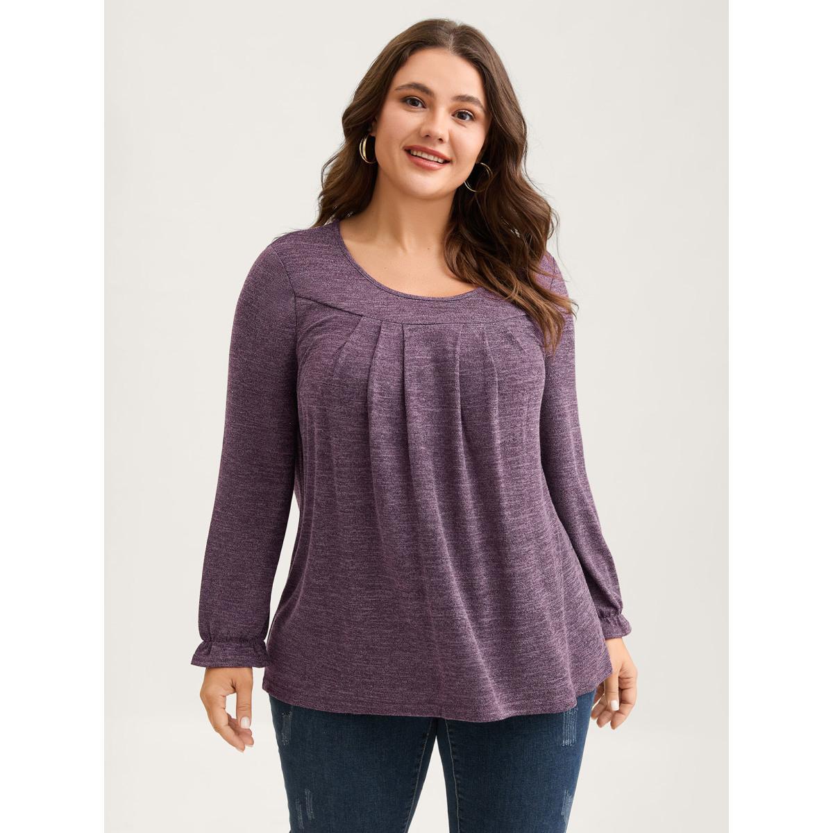 Plus Size Round Neck Heather Pleated T-shirt Eggplant Women Elegant Pleated Round Neck Loose Everyday T-shirts BloomChic 14-16/1X Product Image