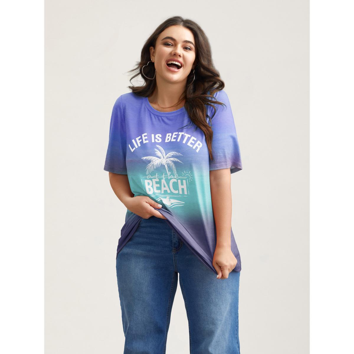 Plus Size Gradient Beach Print Fitted T-Shirt DarkBlue Women Casual Contrast Tropical Round Neck Everyday T-shirts BloomChic 14-16/1X Product Image